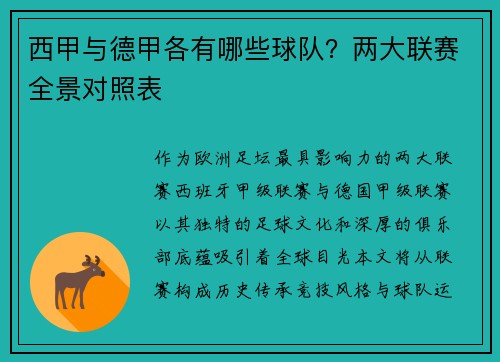 西甲与德甲各有哪些球队？两大联赛全景对照表